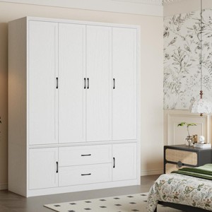 Famapy Modern Minimalist/Vintage Industrial 6-Door Wardrobe,Armoire with 2 Drawers,Hanging Rod,Bedroom & Closet Storage Center,White/Brown - 1 of 4