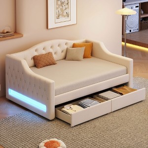 YOOCOZZ Twin XL Size Linen Upholstered Wood Daybed with LED Lighting and Two Drawers - 1 of 4