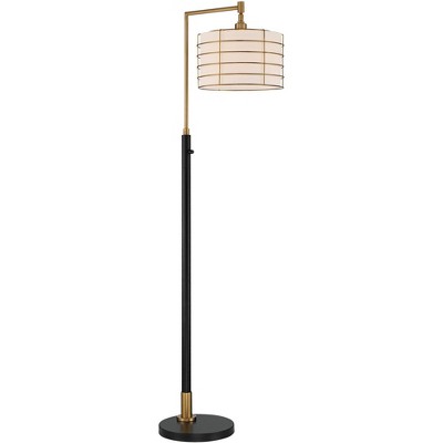 Elegant Arc Floor Lamp with Warm Gold and Black Metal, Linen Shade