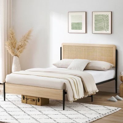 Full/Queen bed frame with curved metal rattan headboard and wooden footboard platform with under bed storage