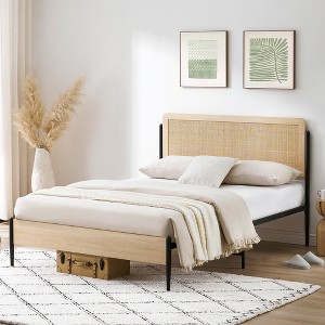 Full/Queen bed frame with curved metal rattan headboard and wooden footboard platform with under bed storage - 1 of 4