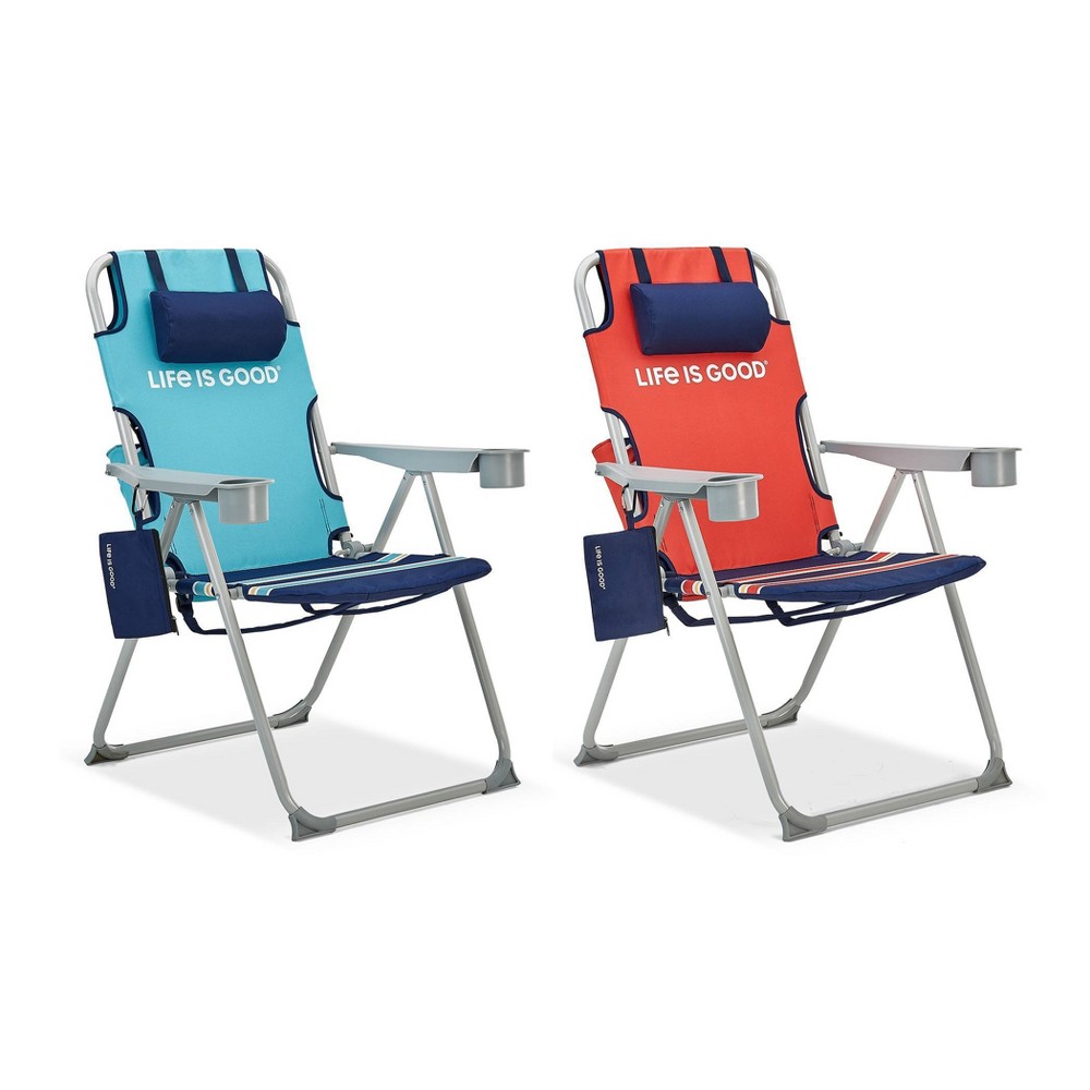 2pk Backpback Lawn Chairs with Silver Frame Blue Orange Life is Good