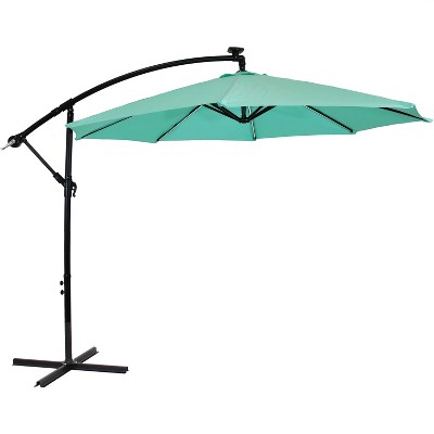 Sunnydaze Outdoor Steel Cantilever Offset Patio Umbrella with Solar LED Lights, Air Vent, Crank, and Base - 9' - Seafoam