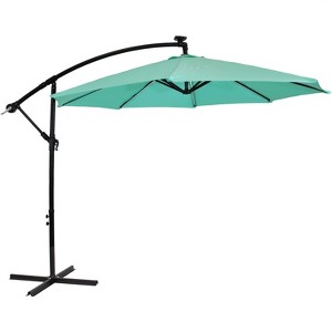 Sunnydaze Outdoor Steel Cantilever Offset Patio Umbrella with Solar LED Lights, Air Vent, Crank, and Base - 9' - 1 of 4