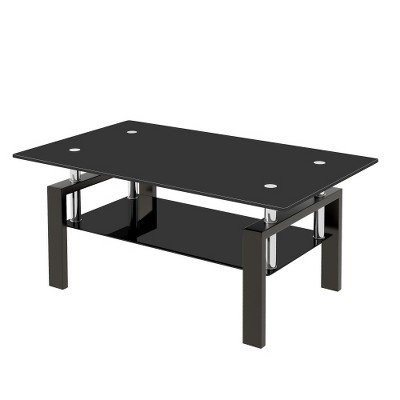 Dolonm Tempered Black Glass Coffee Table, 2-Layers Tea Table