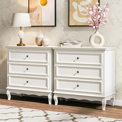 RoyalCraft 2 Pack Wood 3 Drawer Modern Nightstand Set, Storage Furniture Cabinet for Bedroom and Living Room, 32 Inches, White
