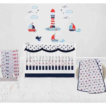 Bacati - Boys Nautical Muslin Whales Boat Red Blue Navy 8 pc Crib Bedding Set with Long Rail Guard Cover