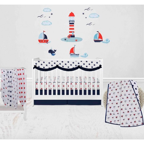 Bacati Boys Nautical Muslin Whales Boat Red Blue Navy 8 Pc Crib Bedding Set With Long Rail Guard Cover Target