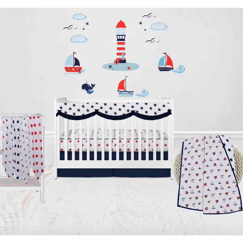 Bacati - Boys Nautical Muslin Whales Boat Red Blue Navy 8 pc Crib Bedding Set with Long Rail Guard Cover, 1 of 8