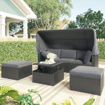 4pc Outdoor Wicker Rectangle Daybed with Canopy & Cushions - Gray - GODEER