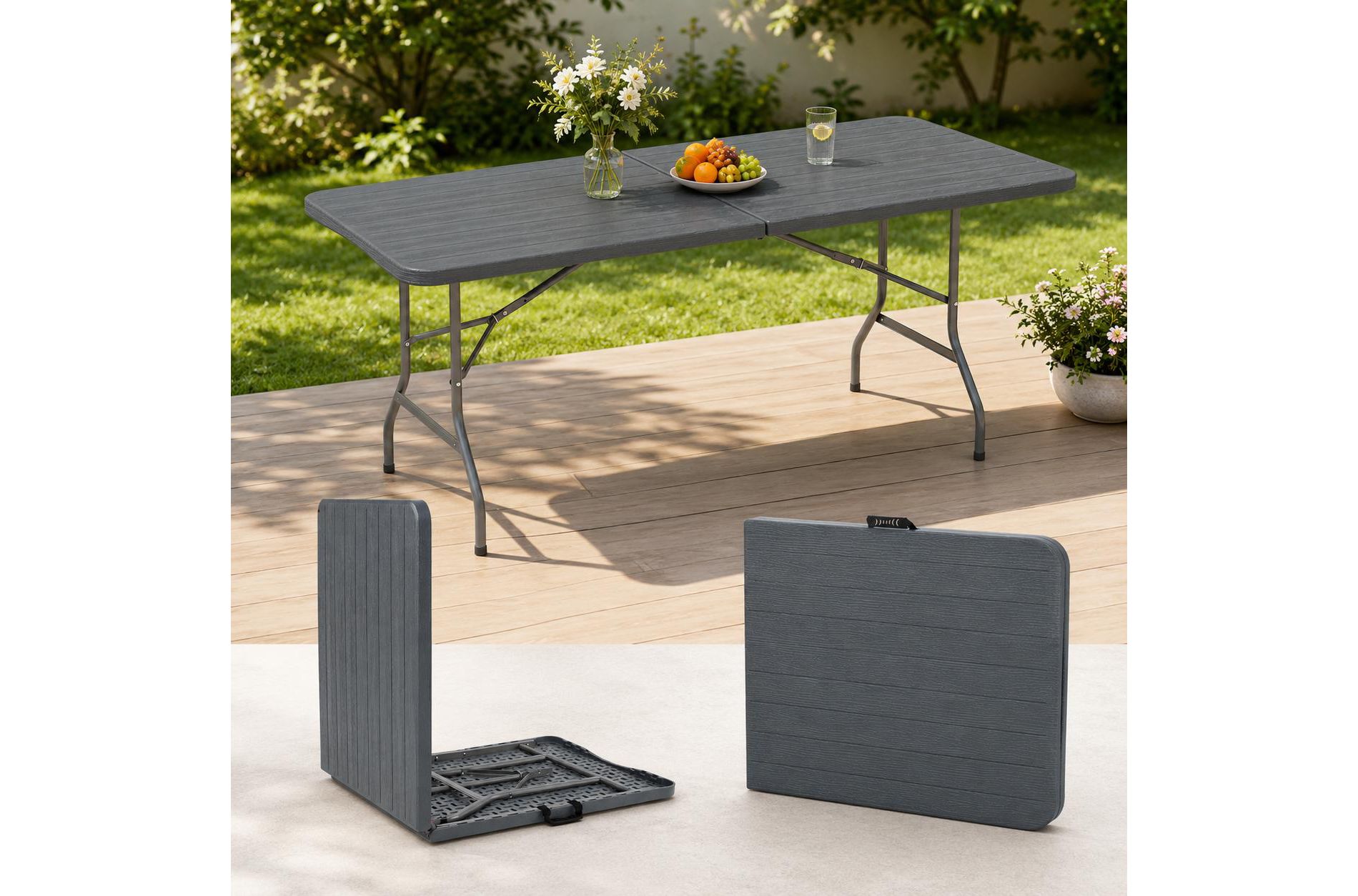 6 Foot Folding Picnic Table with Wood Grain HDPE Top and Safe Lock Mechanism, 71 Inch, Gray