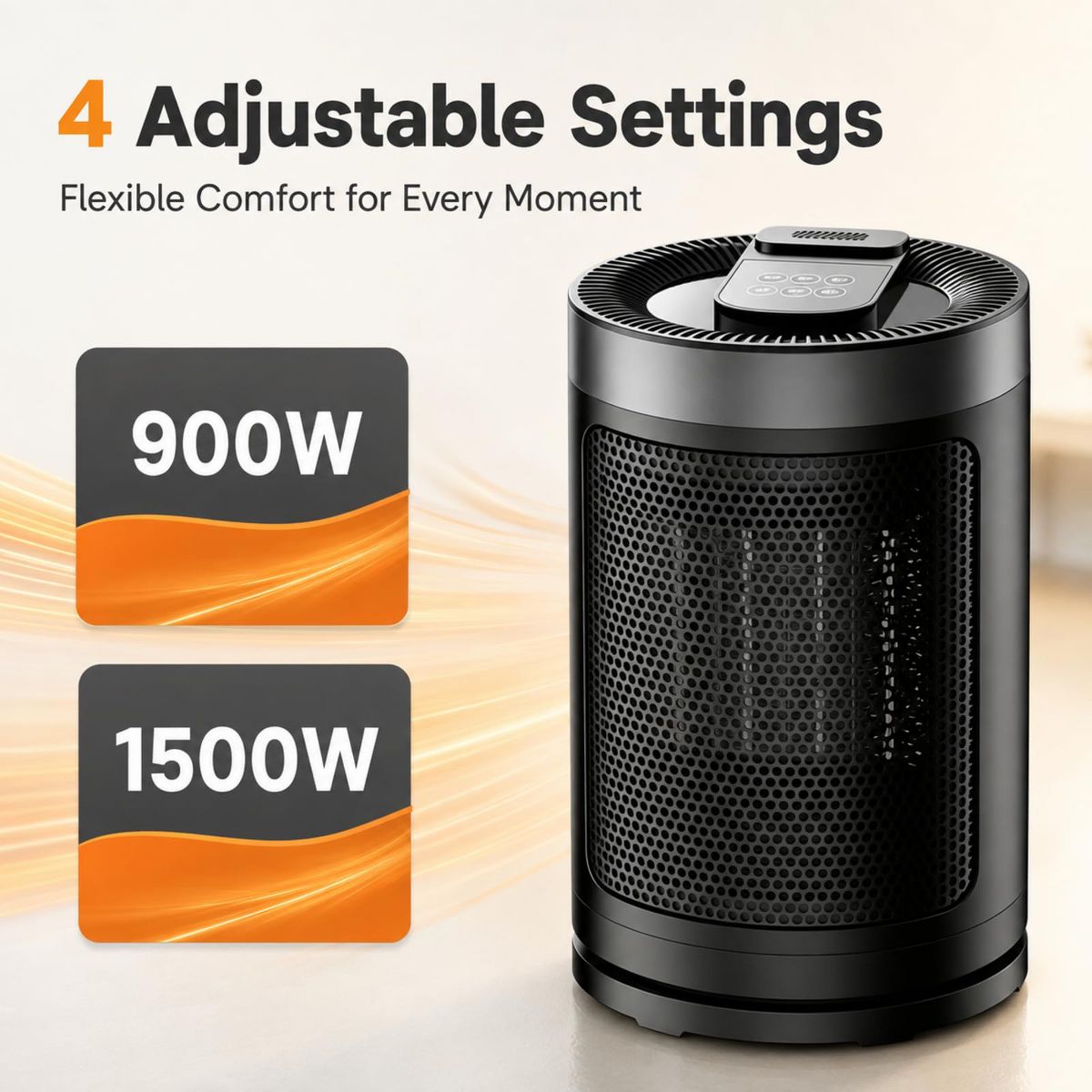 1500W Portable PTC Ceramic Space Heater for Indoor Use, Adjustable Thermostat Timer 5 Modes 4 Heat Settings, Tip‑Over & Overheat Protection - thumbnail 2
