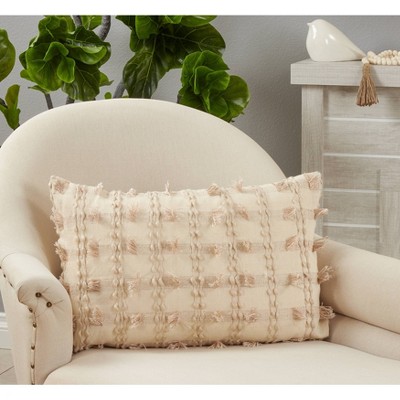Natural Fringed Cotton Lumbar Pillow Cover 16"x24"