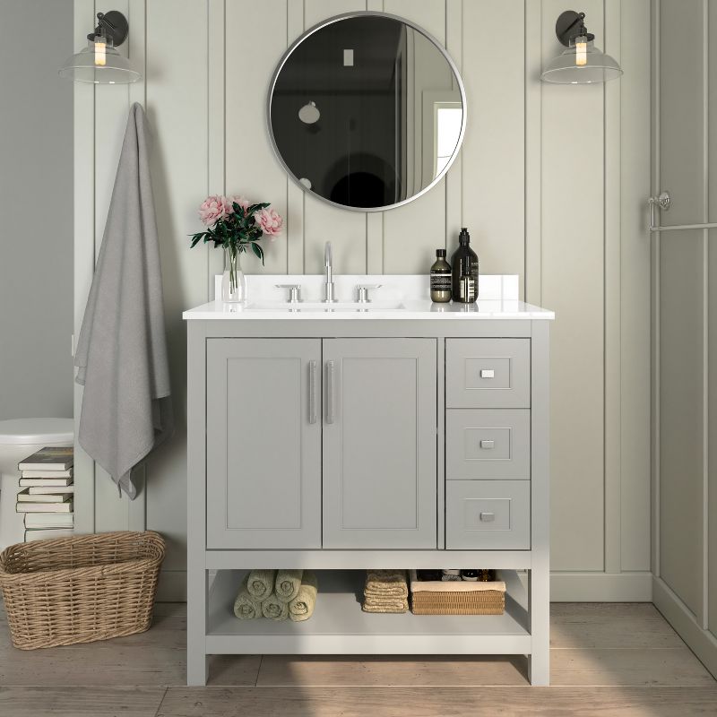Emma and Oliver Bathroom Vanity, Single Sink Cabinet with 2 Soft Close Doors, Open Shelf and 3 Drawers, Carrara Marble Finish Countertop, 2 of 13