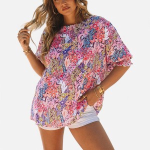 Amaryllis Women's Floral Print Loose Fit Blouse Short Ruffle Sleeve Flowy Tunic Top Lightweight  Casual Boho Style - 1 of 4