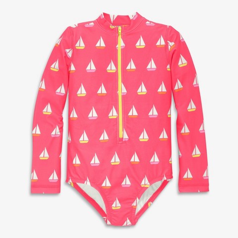 Primary Kids Long Sleeve One-Piece Rash Guard In Sailboats In Bright Azalea Sailboats Size 5