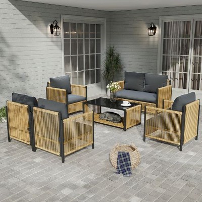 Sapphtopaz PE Rattan Outdoor Sofa Set, Minimalist Outdoor Patio Sofa with Gray Cushion, Black Brown Patio Sofas, Set of 2 Single Sofa
