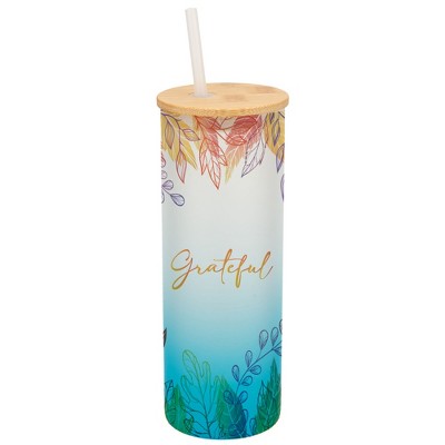 Elanze Designs Grateful Pastel Watercolor Autumn Leaves Wrap-Around Design 25 Ounce Frosted Gradient Glass On-The-Go Coffee Travel Skinny Tumbler Mug