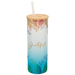Elanze Designs Grateful Pastel Watercolor Autumn Leaves Wrap-Around Design 25 Ounce Frosted Gradient Glass On-The-Go Coffee Travel Skinny Tumbler Mug - 1 of 1