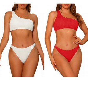 Elerevyo Women's One Shoulder Bikini Asymmetric Ribbed Triangle Bottoms Sporty Swimwear Bathing Suits 2 Sets - 1 of 4