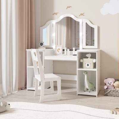 Kids Vanity Table with Tri-Fold Mirror & Chair - Wooden Makeup Playset for Girls with Storage Shelves