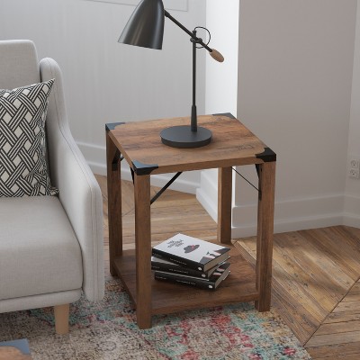 Rustic Oak Square End Table with Metal Accents