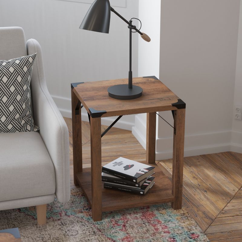 Flash Furniture Wyatt Modern Farmhouse Wooden 2 Tier End Table with Metal Corner Accents and Cross Bracing, 4 of 12