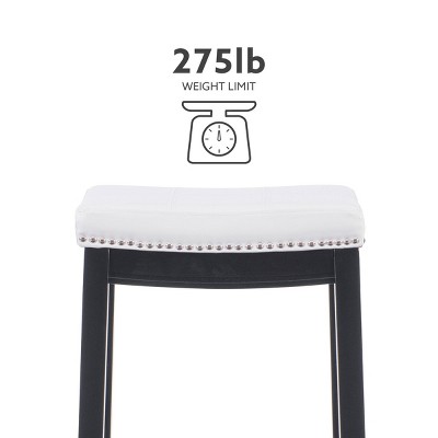 32" White Leather Saddle Style Backless Wood Bar Stool