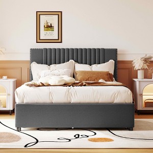 MAYEERTY Full Size Upholstered Platform Bed, 2 Drawers Twin Trundle Classic Headboard, Bedroom, Beige - 1 of 4