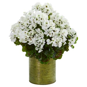 Nearly Natural Geranium Artificial Plant in Metal Planter UV Resistant (Indoor/Outdoor), White - 1 of 4