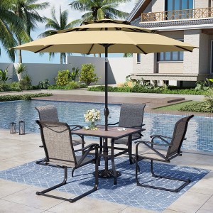 Captiva Designs 6pc Patio Wood-look Square Dining Table & C-spring Sling Chairs & Beige Umbrella - 1 of 4