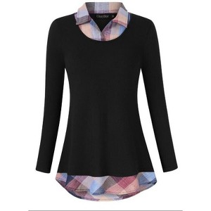 Clearlove Women's Casual Contrast Collar Shirt Long Sleeve Slim Fit Tunics Top - 1 of 3