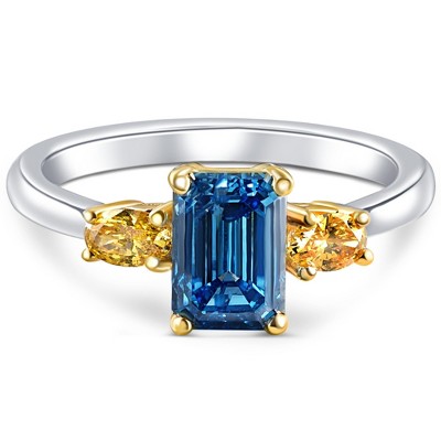 Pompeii3 1 1/4Ct Fancy Blue & Yellow Diamond Engagement Three Stone Emerald Ring 14k Gold - Size 7
