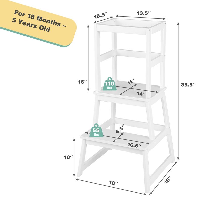 Costway Kids Kitchen Step Stool Kids Standing Tower with Safety Rails White\Nature, 4 of 10