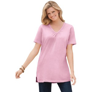 Woman Within Plus Size Perfect Short-Sleeve Shirred V-Neck Tunic - 1 of 4