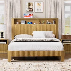 GDFStudio Damien Rustic Wooden Bed with Storage Headboard and Built-In Charging Station - 1 of 4