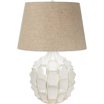 Possini Euro Design Cosgrove Modern Mid Century Table Lamp 26 1/2" High White Glazed Ceramic Light Brown Linen Drum Shade for Bedroom Living Room Home