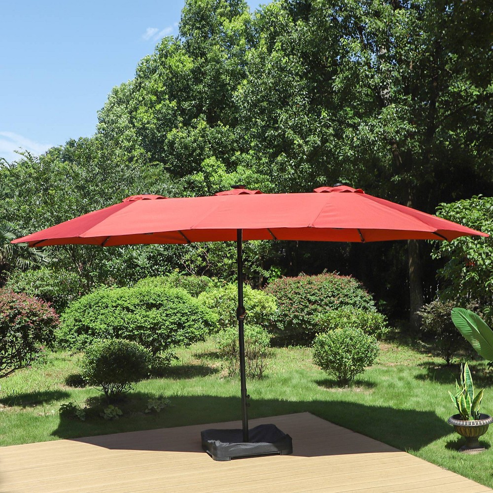 Captiva Designs 15' x 9' Rectangular Outdoor Lit Patio Market Umbrella with Extra Large Base and Sand Bags Red