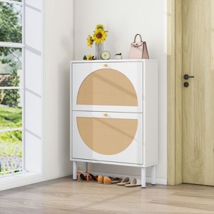 Vynxaria 2-Door Rattan Shoe Rack - Double Layer Storage, White Finish, Elegant Design for Living Room & Hallway - 1 of 4