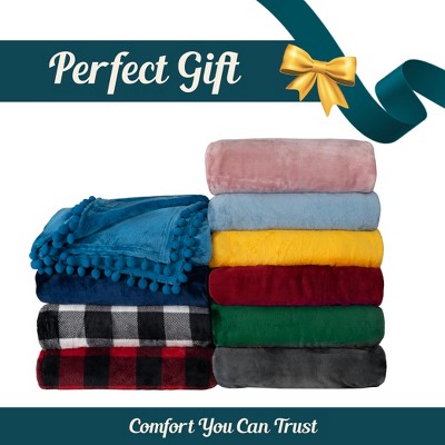 Cozy Mustard Yellow Twin Fleece Throw with Pom Pom Fringe