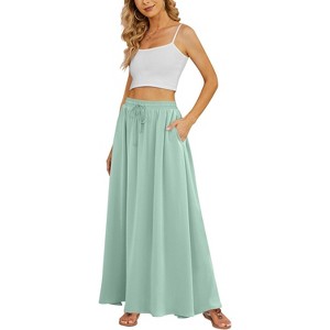 Women's High Waisted Pleated Flowy Maxi Skirt - Summer Casual with Pockets Light Cyan - 1 of 4