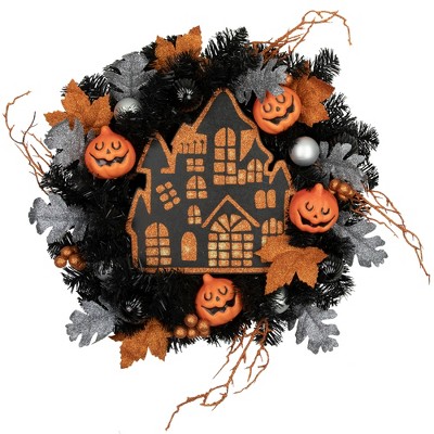 Northlight Orange and Black Haunted House Halloween Wreath, 24-Inch, Unlit