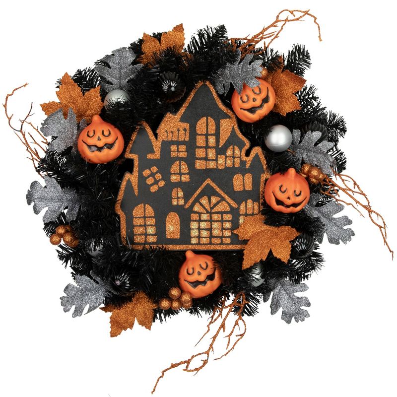 Northlight Orange and Black Haunted House Halloween Wreath, 24-Inch, Unlit, 1 of 5