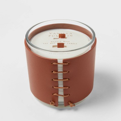 14oz Clear Glass with Stitched Leatherette Wrap Band Vanilla Woodwick Pumpkin Candle Clear - Threshold™