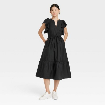 Women's Flutter Short Sleeve Midi Dress - A New Day™ Black Xs : Target