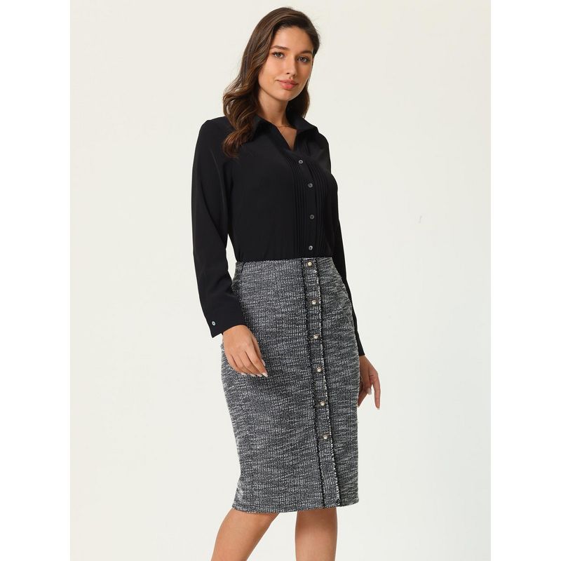 Hobemty Women's Tweed High Waist Button Decor Knee Length Pencil Skirts, 2 of 5