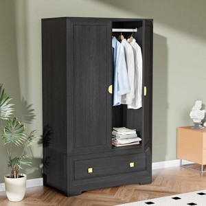 VINGLI Armoire Wardrobe Closet with Doors, 38" W Armoire Wardrobe Cabinet with Drawers and Hanging Rod, Black Wood Bedroom Armoires - 1 of 4
