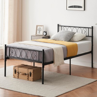 Garvee Twin/Queen Metal Bed Frame w/Headboard and Footboard, Iron-Art Heart Design, No Box Spring Needed, Underbed Storage, Blac