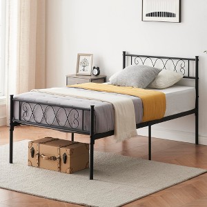 Garvee Twin/Queen Metal Bed Frame w/Headboard and Footboard, Iron-Art Heart Design, No Box Spring Needed, Underbed Storage, Blac - 1 of 4