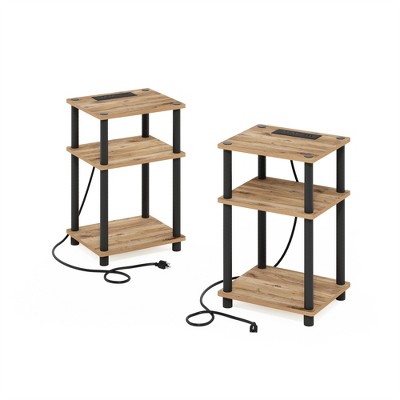 Furinno Just 3-Tier Turn-N-Tube USB and Type-C Charging Port End Table with Open Storage, Flagstaff Oak/Black, Set of 2